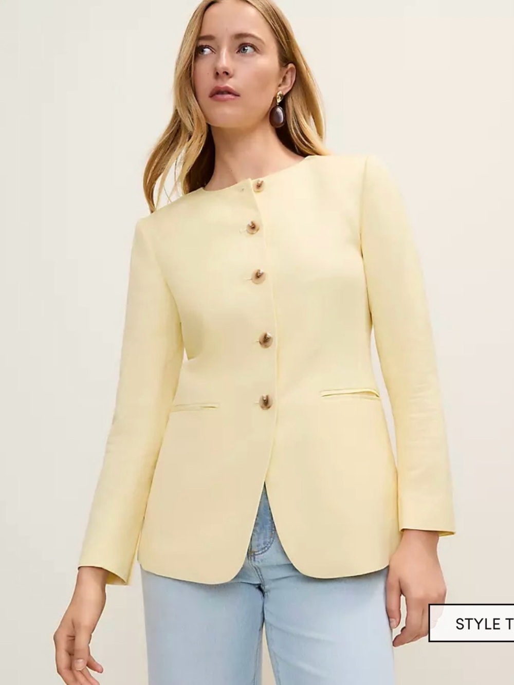 Ann Taylor Pale Yellow Linen Button-Front Tailored Blazer